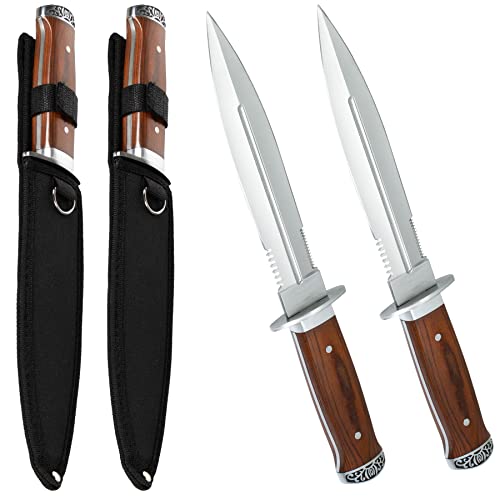 Foto von 2er Set Outdoor Messer feststehend 33cm großes Jagdmesser mit Holzgriff und Nylonholster - Survival Messer Outdoor Dolch – bushcraft Knife - Bowiemesser - USA Sabber