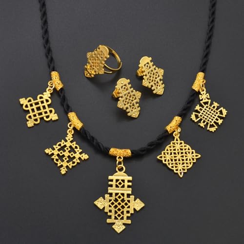 Ethiopian Traditional Jewelry | Eritrean Jewelry for Women Set | Ethiopian African Jewelry Wedding Sets Includes Cross Pendant Black Rope Earrings Ring Sets African Eritrean Religion3