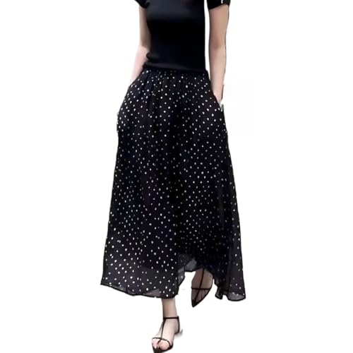 Black Polka Dot Skirt Sheer A Line Elastic Waist Midi Vintage Elegant Summer Casual Streetwear Skirt