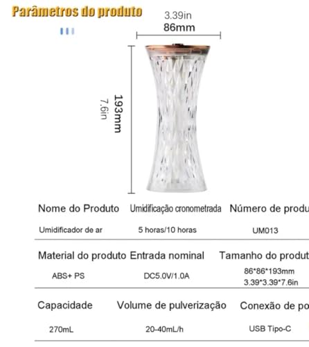 Luminária de Cristal Abajur Umidificador e Purificador de Ar com Luz Led Inteligente 5 Cores 110/220