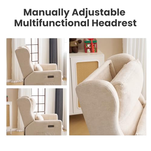 Image of Oversized Swivel Rocker Recliner with Adjustable Headrest, 26 inch Extra Wide Glider Recliner Nursery Chair with Double Cushion, Chenille Glider Rocking Chair for Living Room,Cup Holder,Beige