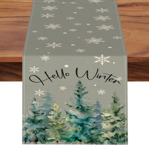 Croar Hello Winter Pine Tree Grey Dining Table Runner, Watercolor