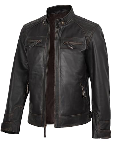Image of fjackets Mens Leather Jacket Moto Style Real Lambskin Leather Jacket, Quilted Cafe Racer Classic Zip Up Biker Jacket for Men