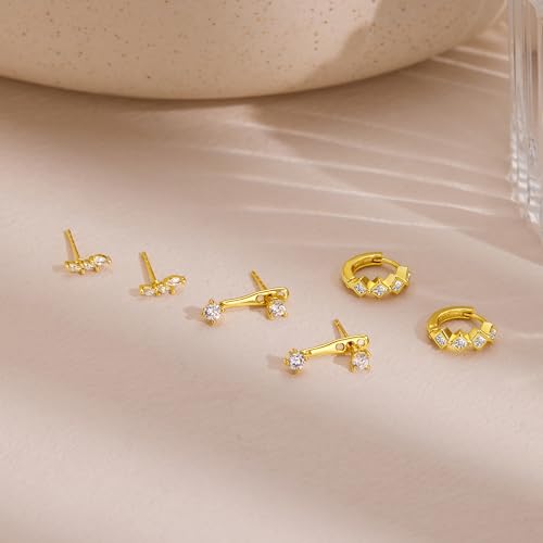Small Gold Earring Set for Women, Dainty 14K Plated Marquise CZ Studs, Princess Cut Pavé Huggies and Ear Jackets, Hypoallergenic Lightweight Stackable Earrings for Multiple Piercings and Cartilage by Inerney - Used condition - Image 7