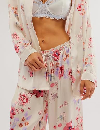 Image of Yimoon Satin Pajama Set for Women Silk Pajamas Set 2 Piece Floral Cute Pj Set Long Sleeve Pjs Sleepwear