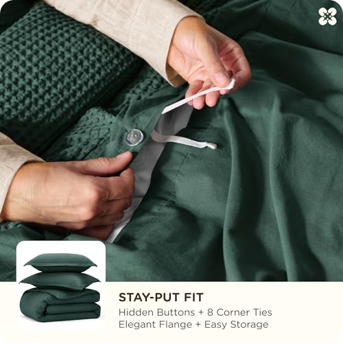 Image of Bedsure Cotton Duvet Cover King - 100% Cotton Waffle Weave Forest Green Duvet Cover King Size, PureWoven Breathable Bedding Set for All Season, 3 Pieces, 104 inchx90 inch