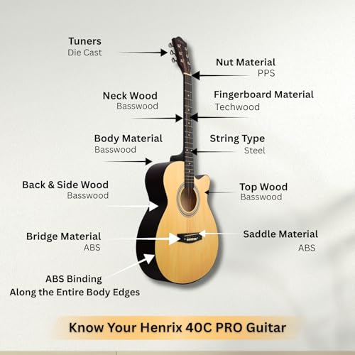 Image of Henrix PRO 40C 40-Inch Wood Cutaway Acoustic Guitar With Dual Action Truss Rod, Gigbag, Picks, String Set, Strap, Cloth & Ebook - Natural