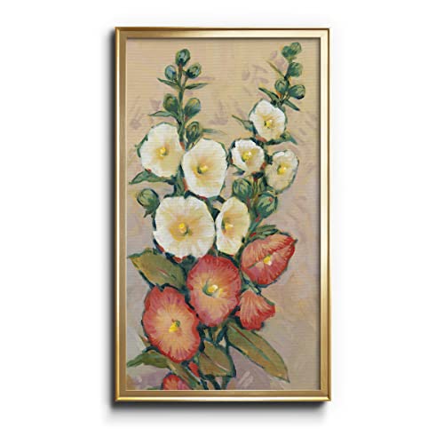 Renditions Gallery Red Hollyhocks II 12"x24" inches Gold Framed Modern Decoration White Flower Canvas Wall Art Prints Oil Painting for Living Room Office Wall Décor