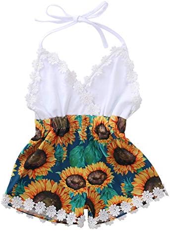 Infant Toddler Baby Girl Sunflower Romper Bodysuit V-Neck Lace Flowers Short Pants Jumpsuit Overalls Outfit Clothes (Lace White, 3-4T)