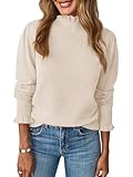 UNCLECAT Womens Ruffle Mock Neck Sweater Casual Puff Long Sleeve Fall Knit Trendy Pullover Sweater Tops Beige