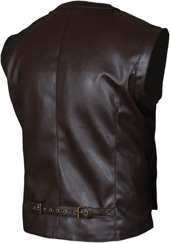 Mens Leather Motorcycle Vest - Brown Sleeveless V-Neck Biker Leather Waistcoats for Men4
