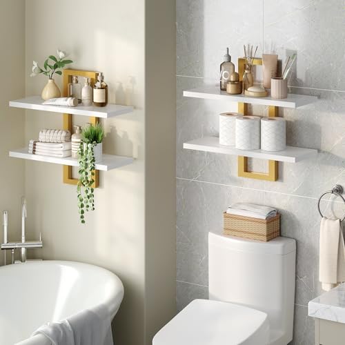 Image of HOOBRO Floating Shelves, 15 Inch Wall Shelf Set of 2, Wall Mounted Storage Shelves 2-Tier, Hanging Bathroom Shelves, for Living Room, Bedroom, Bathroom, Kitchen, White and Gold DW32BJ01