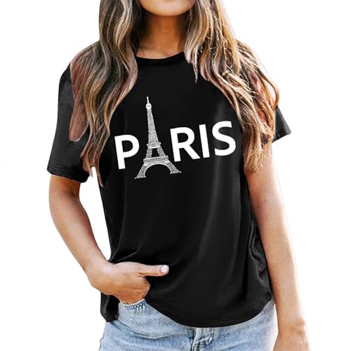 T-shirt de sport pour femme avec imprimé Tour Eiffel - Col rond - T-shirt de fitness d'été à manches courtes - Confortable - Surdimensionné - Respirant -...