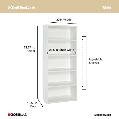 Closetmaid Bookshelf With 5 Shelf Tiers, Adjustable Shelves, Tall Bookcase Sturdy Wood With Closed Back Panel, White Finish #TOP3