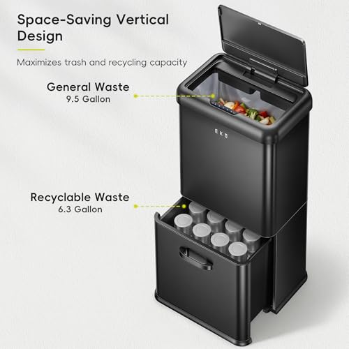 Image of EKO Vintage 50L / 13.2 Gallon Motion Sensor Trash Can, Dual Compartment 32L + 18L Stainless Steel Kitchen Garbage Bin, Touchless Automatic Waste & Recycling Bin with Lid for Home Office, Matte Black