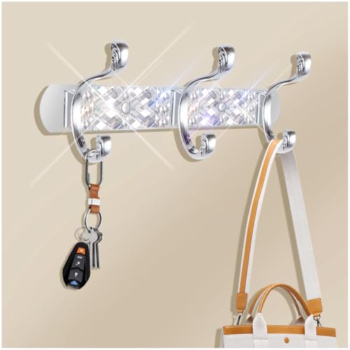 GUFONKOD Bling Coat Rack Wall Mount, Sparkle Silver Gem Diamond Wall Mounted Suitable for Key Hat Towel Purse Robes, Glitter Hooks Decorative Rack for for Entryway, Bedroom, Bathroom (3 Hooks)