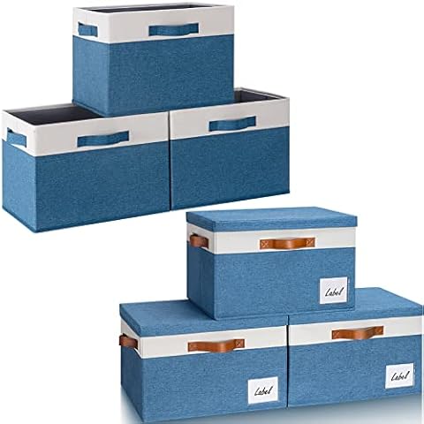 GhvyenntteS Storage Bins (6-Pack) Large Closet Storage Bins with Lid and 3 Handles, Sturdy Fabric Cube Storage Boxes with Label Window for Home Bedroom Office (Blue, 15" x 11" x 9.6") Cover