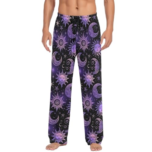 Men’s Sun Moon and Stars Pajama Pants with Pockets, Comfortable Lounge Sleep Bottoms#268