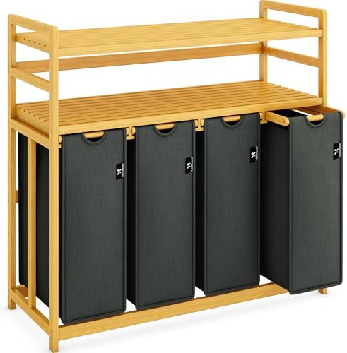 AdelDream Wäschekorb 4 Fächer 200L,Wäschesammler,2 Ablagen,Bambus | Wäschesortierer 4 x 50L, ausziehbar abnehmbar, Doppelregal, Farbe Grau