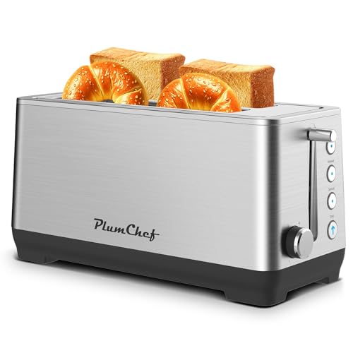 Plum chef 4-Slice Toaster, Extra Wide Long Slot Toaster, 6 Browning Settings, Bagel/Defrost/Reheat Functions, Removable Crumb Tray, Stainless Steel Housing 1350W，Black