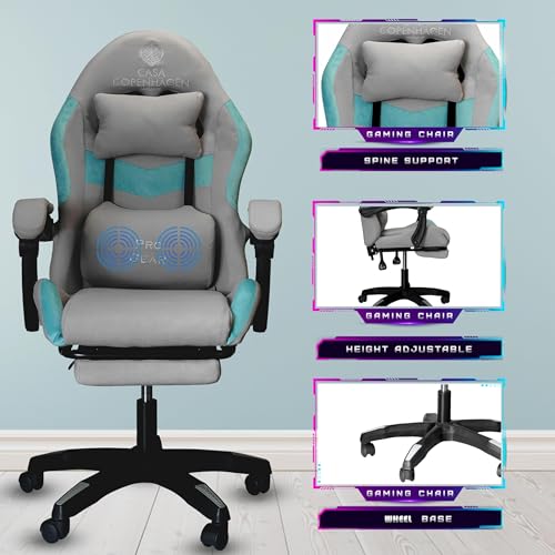 Image of Casa Copenhagen, High-Back Italian Fabric Gaming Ergonomic Chair with Advanced Mechanism & Electric Back Massager, Luxurious Memory Foam Seating & Multi Function Arm-Rest - Grey & Aqua Blue