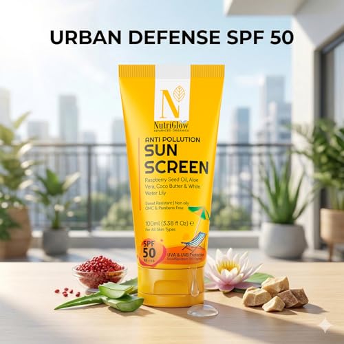 Image of NutriGlow Advanced Organics Anti-Pollution Sunscreen SPF 50 PA+++ | No White Cast | Raspberry Seed Oil + White Water Lily | Broad Spectrum UVA /UVB & Blue Light Protection | Non-Greasy, for Men & Women | 100ml