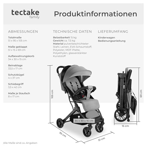 tectake® Buggy Kinderwagen von 0 bis 3 Jahre, Wagen für Baby Erstausstattung Neugeborene und Kinderbuggy mit Sonnenverdeck, einhändig faltbarer Reisebuggy, Reisekinderwagen, Baby Wagen - grau