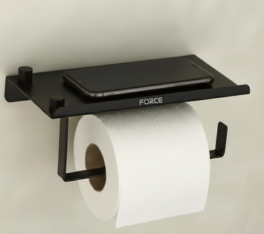 Image of Force Toilet Paper Holder with Shelf - Pack of 3 - Wall Mounted Rustproof Stainless Steel Bathroom Tissue Roll Holder with Raised-Edge Storage Shelf - Matte Finish - Modern & Durable Design Black
