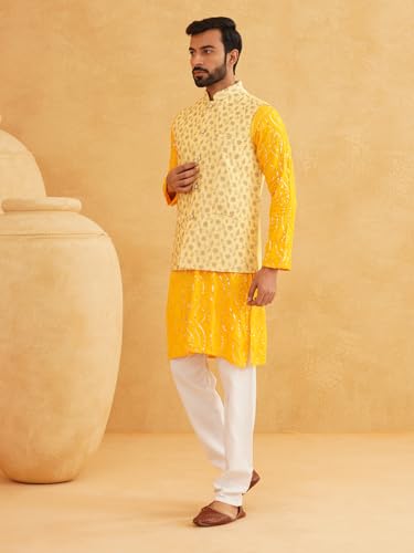 Image of SOJANYA (Since 1958 Men's Pure Cotton Mustard Kurta and White Pyjama With Yellow Embroidery Nehru Jacket