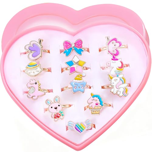 Everglit Little Girls Unicorn Rings Set: Children Adjustable Princess Dress Up Jewelry Toys With Heart Shape Box for Kids Pretend Play Christmas Socks Fillers Birthday Party Gift 12Pcs