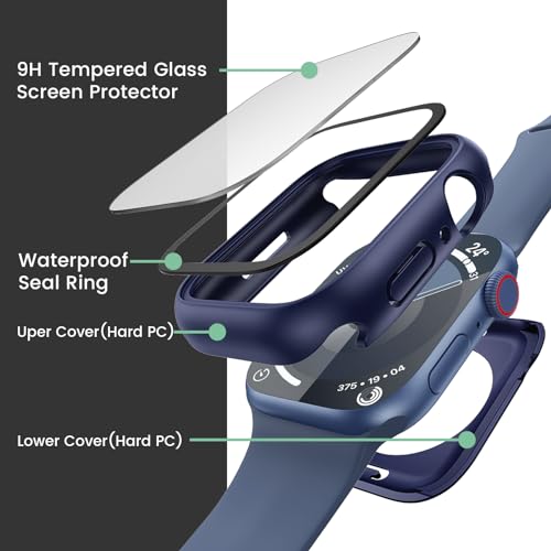 Image of 3 in 1 Goton Waterproof Hard Case for Apple Watch Screen Protector 45mm, 360 Slim Full Protective Tempered Glass Face Cover + Back Hard PC Bumper for iWatch Series 9 /8 /7, 45mm Blue