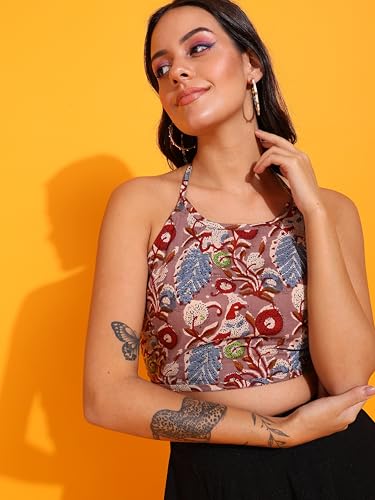 Image of Yash Gallery Women's Regular Fit Cotton Geomatrical Handblock Printed Freesize Backless Sleeveless Blouse