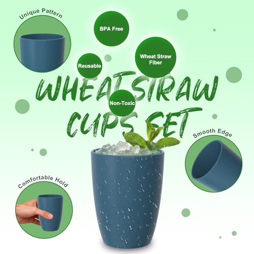 Image of Unbreakable Kids Plastic Cup Set of 6, 12oz Wheat Straw Cups, Blue | Reusable Dishwasher & Microwave Safe Kids Drinking Cups for Everyday Use, Kitchen, RV, Camping