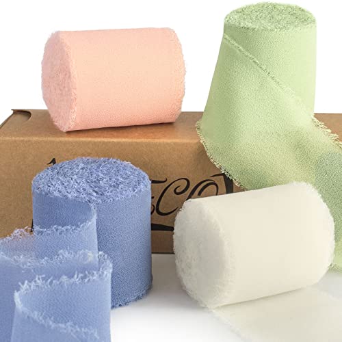 Jocecor 4 Rolls Handmade Fringe Chiffon Ribbon, 1-3/4" X 7 Yard Silk Ribbons For Crafts, Bridal Bouquet Wrap, Fabric Ribbon For Gift Wrapping, Wedding Invitations Christmas Birthday Decor #TOP2