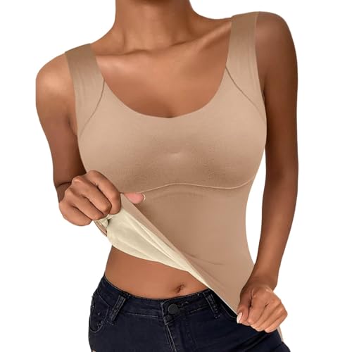 Seamless Shapewear Tank Tops for Women Tummy Control Compression Tops Thermal Underwear Workout Sports Yoga Padded Cami Khaki