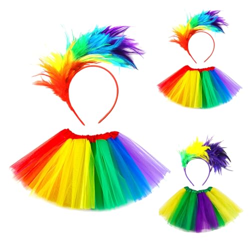Papagei Kostüm Kinder Tutu Rock Set mit Regenbogen-Feder-Stirnband für Karneval Festival Tanzvorführung Mädchen kurzer Rock Kostüm (Multicolour 4-8 Y)