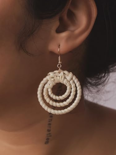 Image of MINACHI Boho Chic Handmade Rattan Wood Dangle Drop Earrings for Women, Bohemian Summer Beach Statement Jewelry Gift for Women