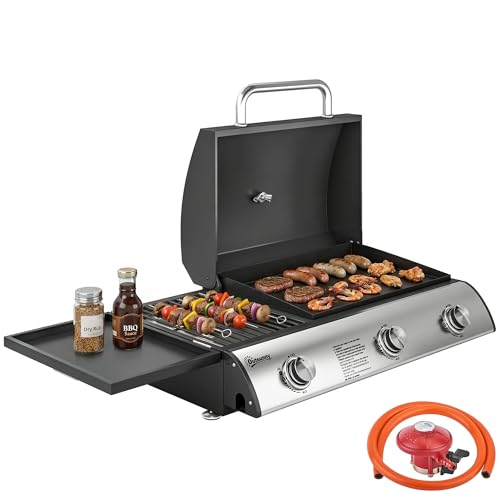 Outsunny 3 Burner Portable Gas Plancha BBQ Grill 7.5 kW Outdoor Tabletop Gas Barbecue Grill with Griddle Convertible Side Shelf Built-in Thermometer Lid Adjustable Foot Pads for Camping Black