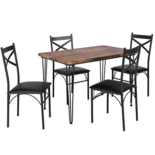 VECELO Kitchen Dining Room Table Sets for 4, 5-Piece Modern Metal and Wood Rectangular Breakfast Dinette with Chairs, Black