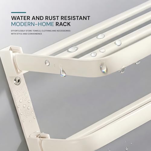 Image of MIORAH 24 Inch Powder - Coated Aluminium Towel Rack with Hooks - Rust - Free, Space - Saving Bathroom No Drill Self Adhesive Towel Rack Easy Installation White