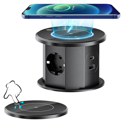WildFun Presa di corrente elettrica per il piano di lavoro della cucina, striscia di alimentazione da incasso a scomparsa con caricatore wireless da 15W 3 spine CA 1 porta USB-A e 1 porta USB-C