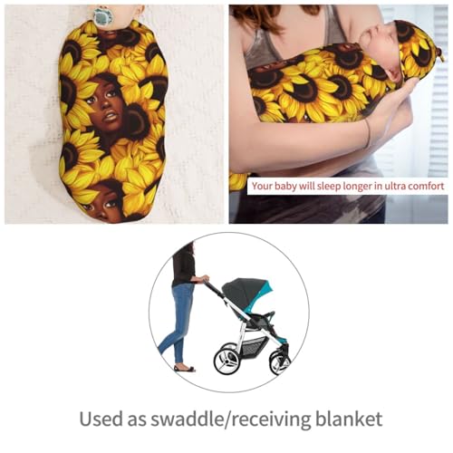 Image of Woman and Sunflowers Newborn Swaddle Blankets Hat Sets Soft Baby Receiving Blanket Swaddle Sack for Baby Shower Infant Boy Girl Gift