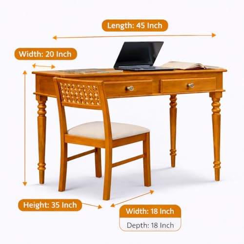 Image of Solid Sheesham Wood Two Drawer Study Table with Chair | Students Reading & Writing Table | Laptop & Work from Home Table (Honey Brown)