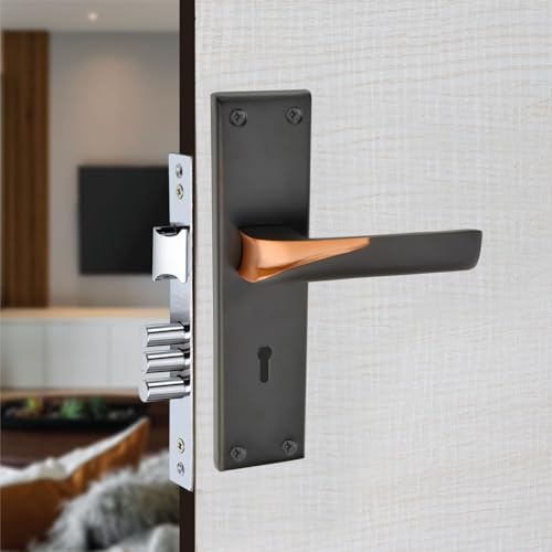 Image of Milton Iron Mortise Door Handle Lock Set with Keyhole, Finish Black 200mm x 50mm Plate, 125mm Handle Length, Model MHI-581