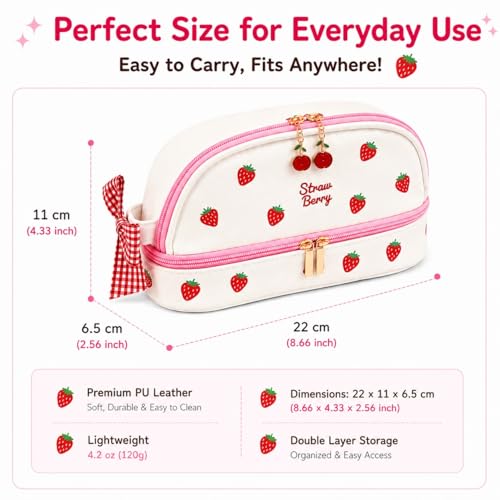 Image of Cute Kawaii Strawberry Pencil Case for Girls - Large Capacity Double Layer PU Leather Pencil Pouch & Stationery Organizer for Aesthetic School Supplies, Travel, Office & Gifts