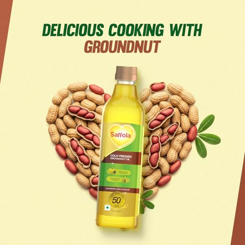 Image of Saffola Cold Pressed Groundnut Oil | 100% Cold Pressed Groundnut Oil | Helps Lower Cholesterol, Goodness of Omega 6 & Authentic Seed Flavour | 1L Pet Bottle (Pack of 5)