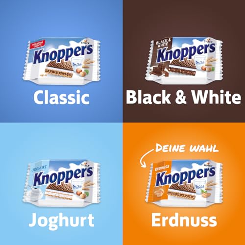 Knoppers Erdnuss – 4 x 200g – Gefüllte Waffelschnitte mit Erdnusscreme, feinsalzigen Erdnussstückchen und leckerer Milchcreme