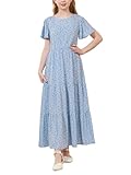 GORLYA Girls Floral Dress Maxi Tiered Round Neck Short Sleeve Elastic Waist Casual Dress 6-14 Years (GOR1259,14Y,Blueprint)