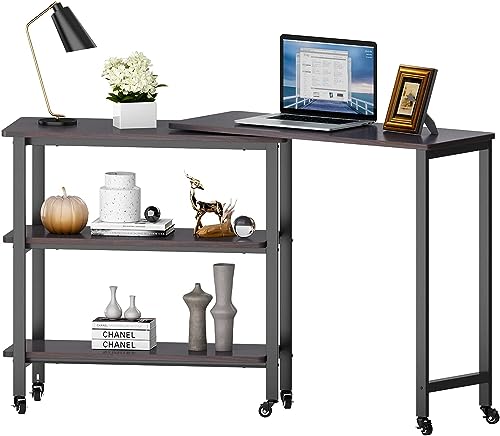 Sogesfurniture 360°Rotatable Sofa Side Table, 31.5” Mobile End Table With 2 Tier Storage Shelves, L Shape Laptop Desk With 6 Universal Casters Snack Table For Living Room, Home Office, Black Walnut #TOP12