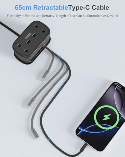 Travel Extension Lead, FDTEK 2 Way Power Strip with Retractable USB C Cable and 3 USB Slots, Small UK Extension Socket with 1.5M Cable for Travel Home Office Camping Cruise - Image 2